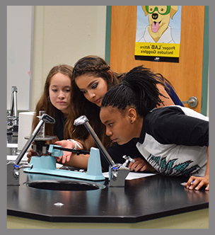 Three female students look at a science project